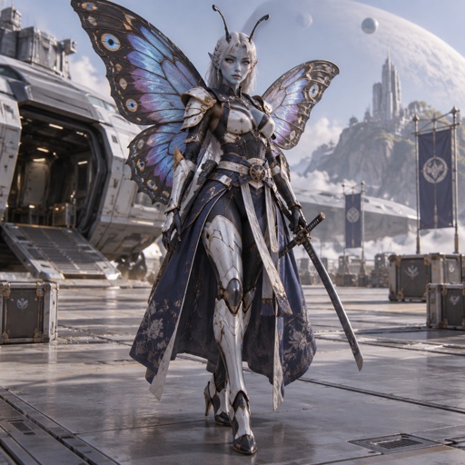 A gorgeous alien butterfly woman in a futuristic space samurai armor. Show whole body. 