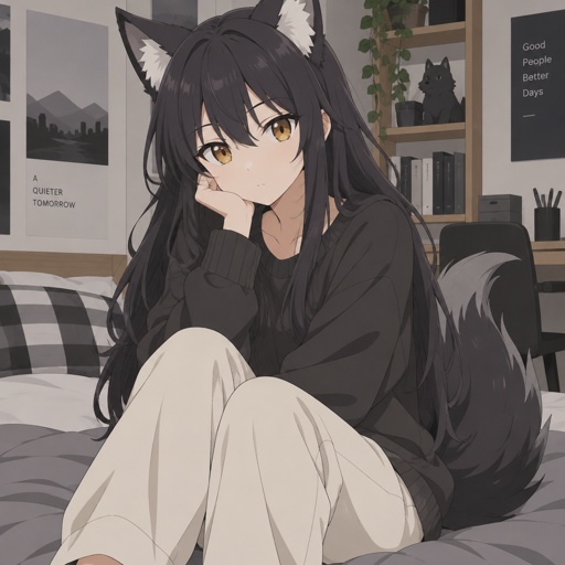 Anime teenager with wolf ears and tail, long black hair, golden eyes, modest modern clothes