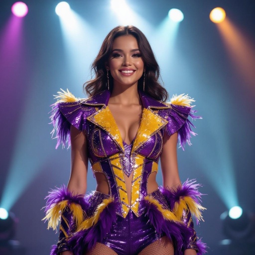 Girl in a purple and yellow and black stage outfit 