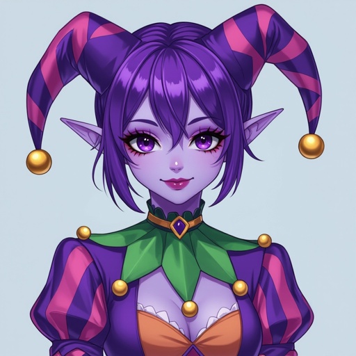 Female Tifling with purple skin, big black eyes and dressed as a jester/clown