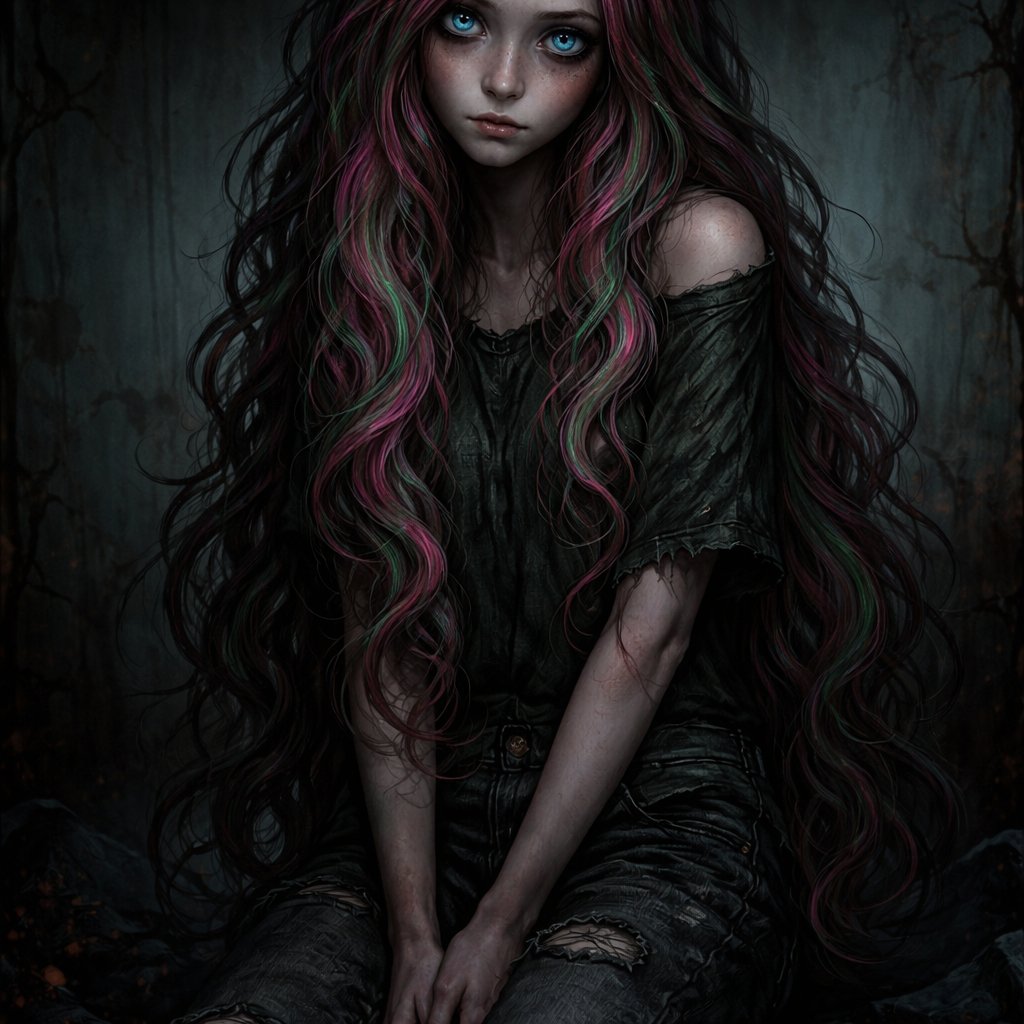 A 19 year old girl who has pink hair with green stripes and she has blue eyes. She is wearing a dark green shirt and black pants. She looks shy.