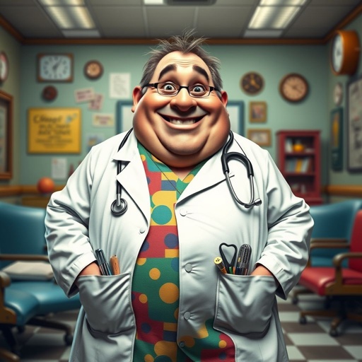 .. create a fat doctor. Who is funny human looking from head to toe. And he always immediately results to surgery for anything even small things. So please be sure to show his whole outfit head to toe. Make him have 1 tooth. Make it more adult humor instead of cartoon humor.