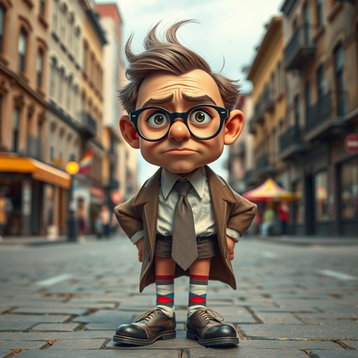 Create a funny looking serious man in the world, with a not so stylish outfit head to toe