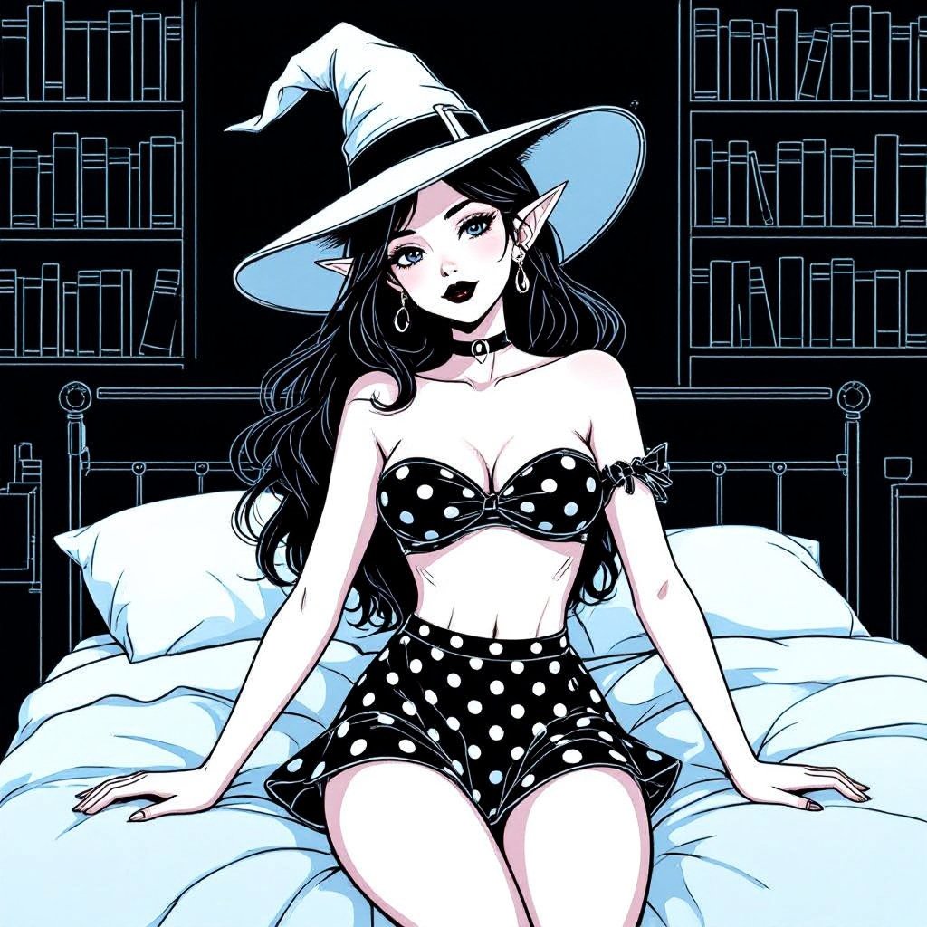 Dark Brunette Elf Witch Librariani with With Hat. Strapless Bathing Suit Top and Black and white Polka Dot Mini Pencil Skirt laying on Library Bed
