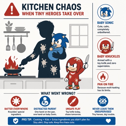 Sonic the Hedgehog, shadow as a human, knuckles the dread from sonic prime as a human, and sonic the hedgehog as a human baby, and knuckles the Echidna as a human baby in the kitchen human shadow is in the kitchen holding baby human sonic shadow is trying to make pancakes but the pan caught on fire  knuckles the dread from sonic prime as a human getting batter all over him, knuckles the Echidna as a baby human holding a knife 