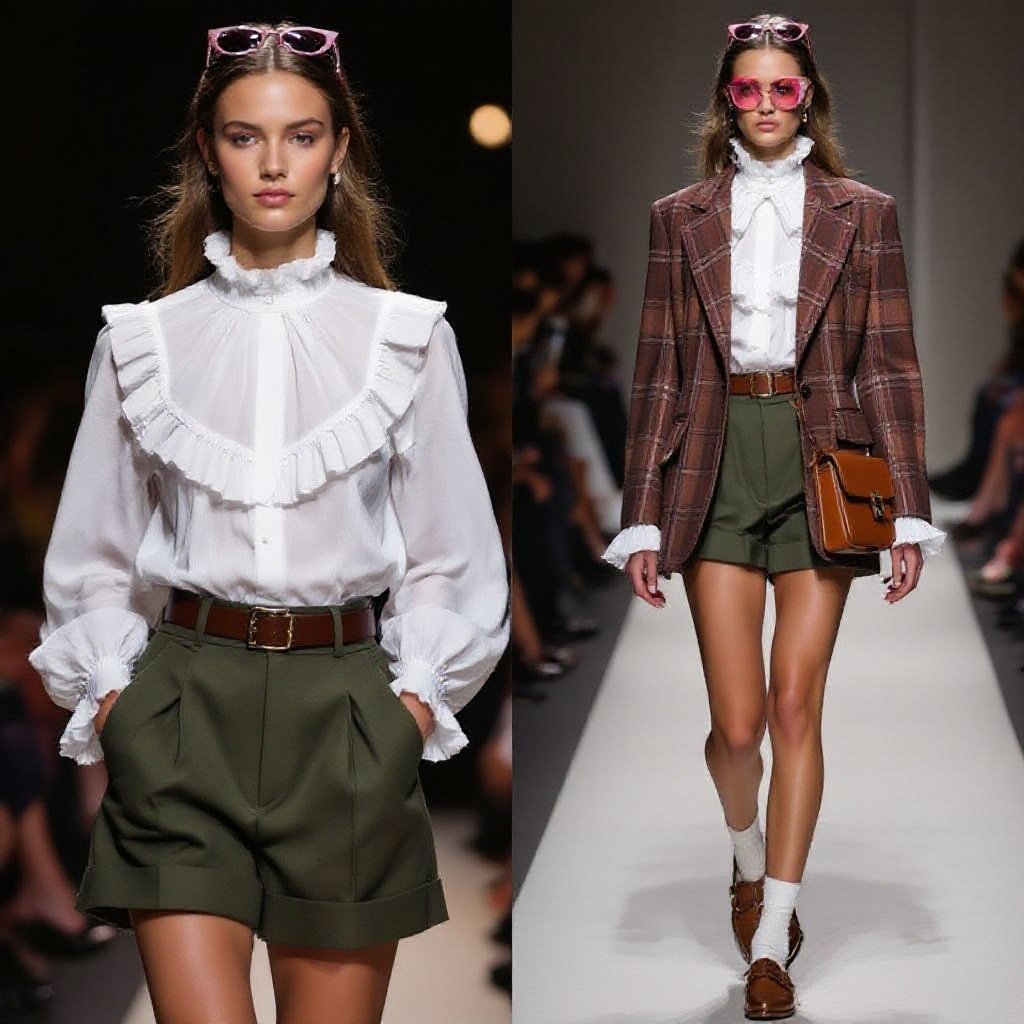 Top: A white, high-neck blouse with vertical ruffles along the bodice and a frilled collar. The fabric appears lightweight and slightly sheer, with delicate texture or lace-like striping. The long sleeves are cuffed at the wrists with matching frills, adding a touch of femininity.

Outerwear: A brown plaid blazer with a classic check pattern, loose fit, and rolled cuffs revealing the lining. The interior appears to have a muted red or dusty-rose inner lining, giving it a hint of color contrast.

Bottoms: High-waisted green shorts with a clean, tailored fit and cuffed hems. They fasten at the waist with a black belt and button, creating a neat, structured silhouette that balances the flowy blouse.

Accessories: She carries a small, square brown crossbody bag with a long strap and flap closure, simple but fashionable. Pink sunglasses rest atop her head, adding a lively pop of color and personality.

Footwear: Brown oxford-style shoes paired with short white socks, folded down neatly at the ankle. The combination gives a vintage-inspired, preppy feel.