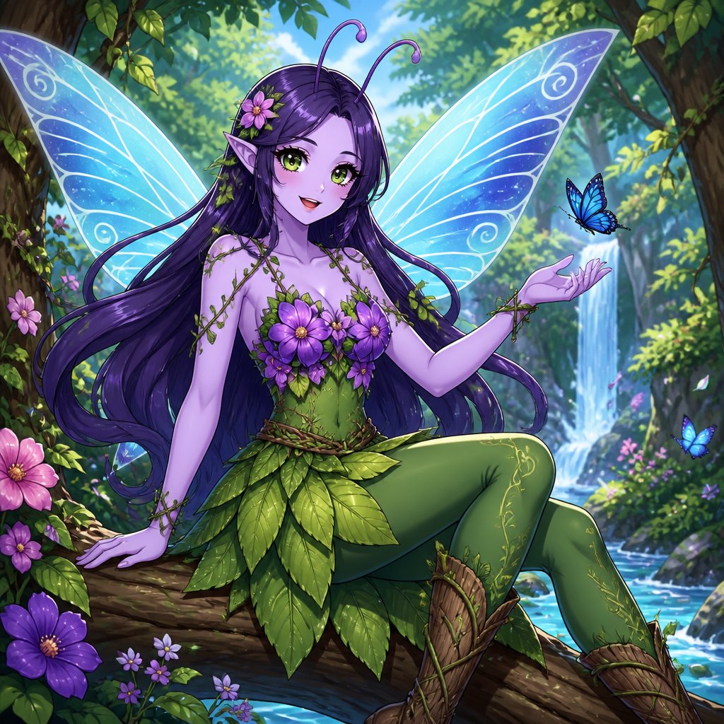 Lady of nature She has light purple skin and neat long dark purple hair,beautiful deep green eyes,long eyelashes, antennae,light blue wings with deep blue in the middle,wears a flower looking shirt and a skirt that looks like a leaf and green leggings,tree wood boots and a beautiful smile
