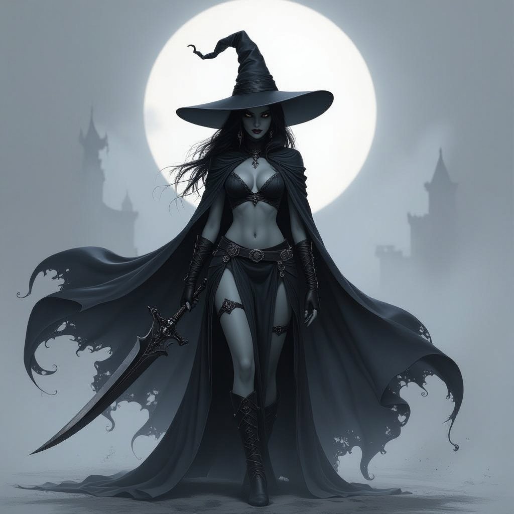 sexy shadow demon witch gypsy slate grey skin large black billowing cloak that emits darkness and shadow. Two piece. Witches Hat.  Wields Flamberge