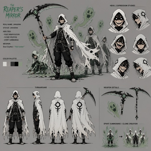 Male superhero with the ability control green spirits, crazy, white cape with hood, black eyes, scythe, multiple of the same character 