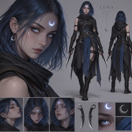 assassin name luna, moon eyes, moon mark, blue long bob