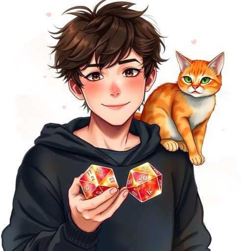 Guy with dark brown hair with black sweatshirt. He has 1 orange cat on his right shoulder. He holds 2 epic looking 20 sides dice in left hand