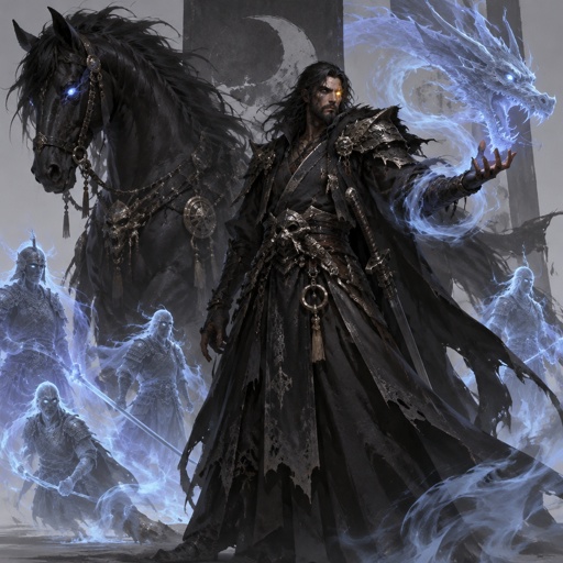 dark abyss assassin, dragon eye, large horse companion, spirit summoning abilities, long black hair, beard