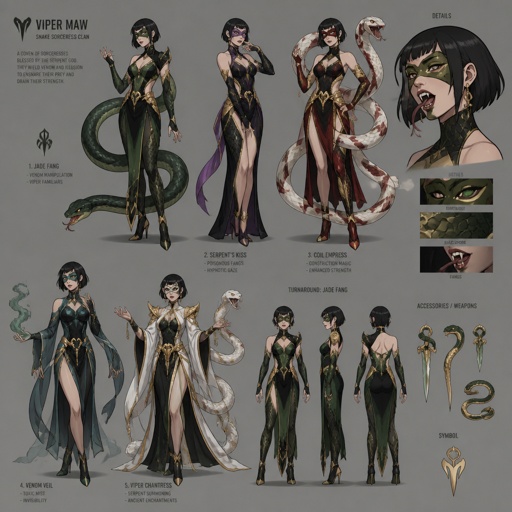 Female villain with snake powers, cool costume, eye mask, fangs, scales, Asian, short hair, multiple of the same character 