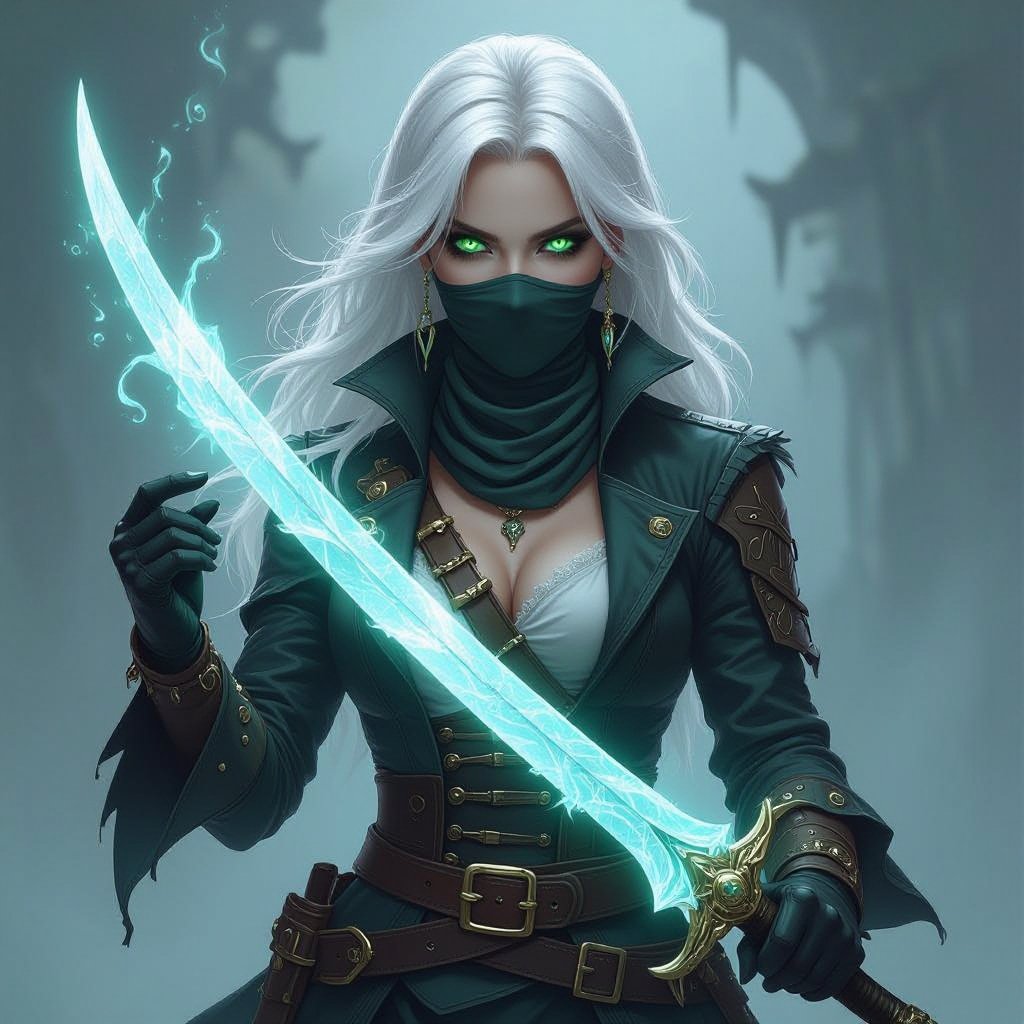 Pirate captain female 5’7 tall platinum hair almost white bright green eyes human keeps face covered 130 lbs Ghost form tattoo on right arm Duel wielding crystal rapier blades rouge pirate captain