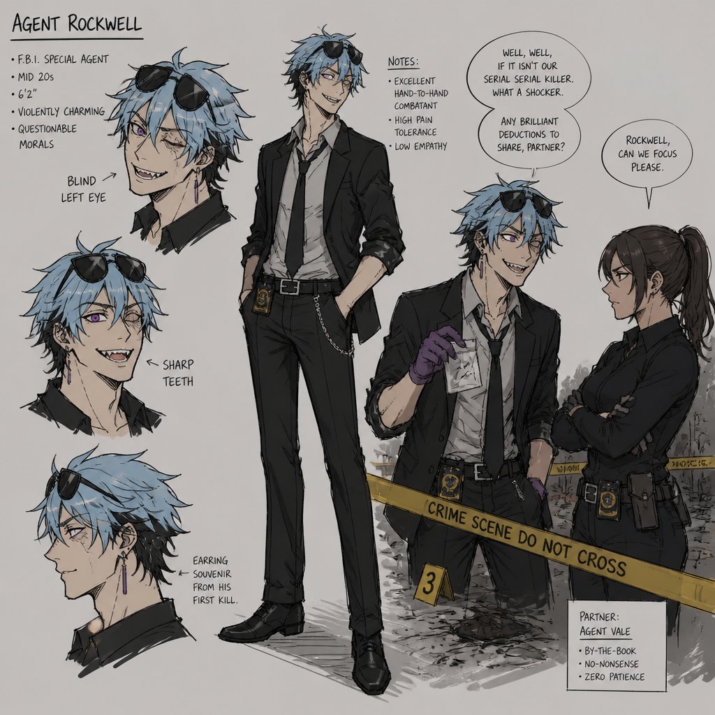 Comic Anime Agent Rockwell very poof up messy hair half side longer and drooped down he has light blue hair with black tips,purple eyes,sharp teeth,sunglasses on head,he was made in a secret facility,has power of death,great agent detective takes job seriously and is really good at it,in his mid 20s left eye blind,tall, thin, and really tied mischievous and reckless, likes joking to hide his exhaustion,coffee and messing with his partner,his partner looking annoyed but also concerned about him but trying to take this case seriously they are talking about the crime scene and what could have happened