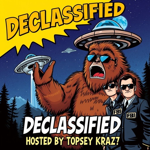 A poster for a radio talkshow called declassified hosted by Topsey Kratz. Topsey Kratz isn’t on the poster, but what is is the word declassified at the top of the poster underneath the word declassified or the words hosted by Topsey Kratz. also on the poster is a Bigfoot being abducted by a UFO as FBI agents wearing sunglasses. the image is at night with a big blue moon