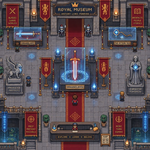 Mythical museum for a fantasy game set in modern times, top-down style,