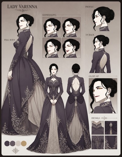 Vintage fashion character sheet showing people in ornate dark gowns and hairstyle studies