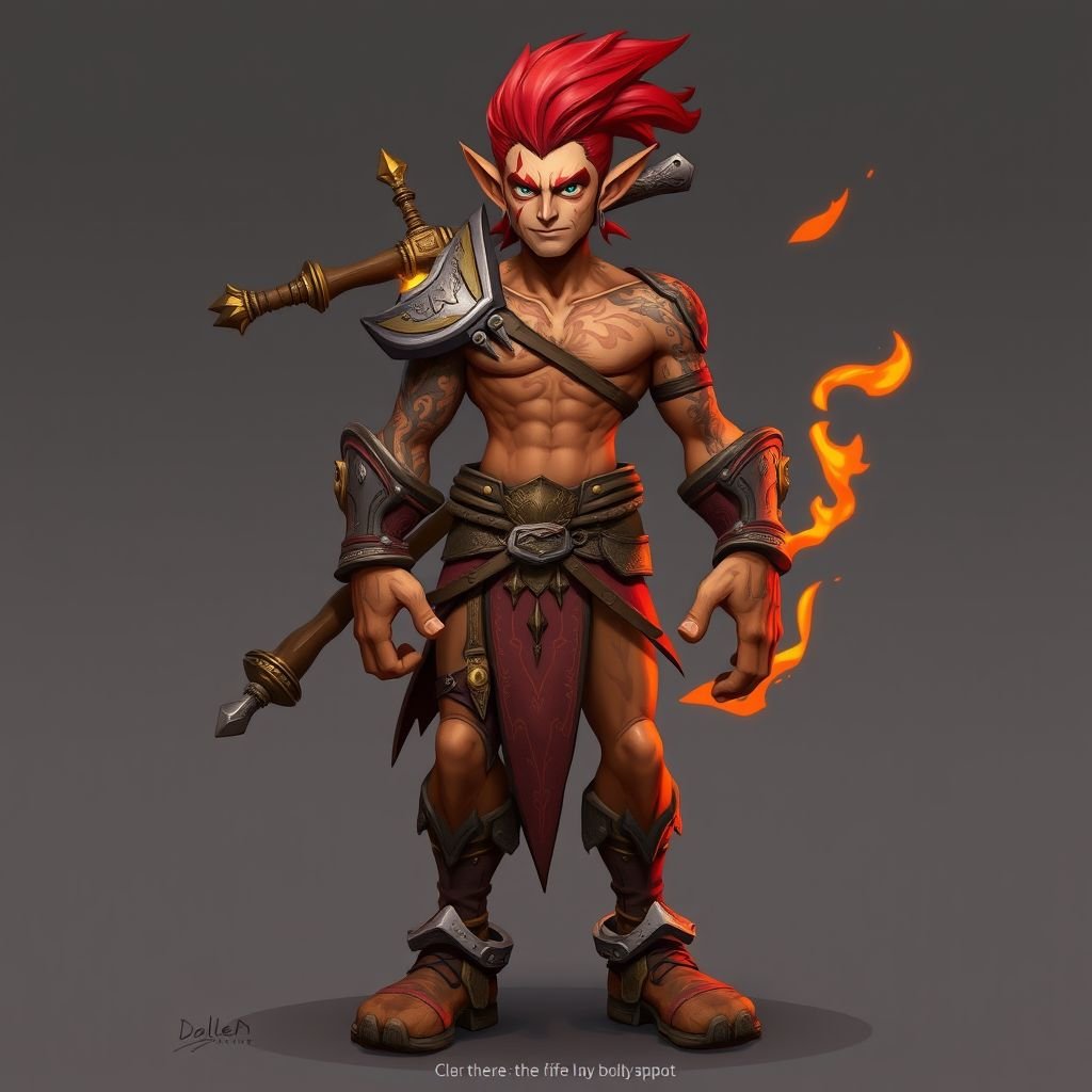 Create a character: battle hero Rhen the Fire-Singer – A lean, muscular man. Show him head to toe including his shoes.