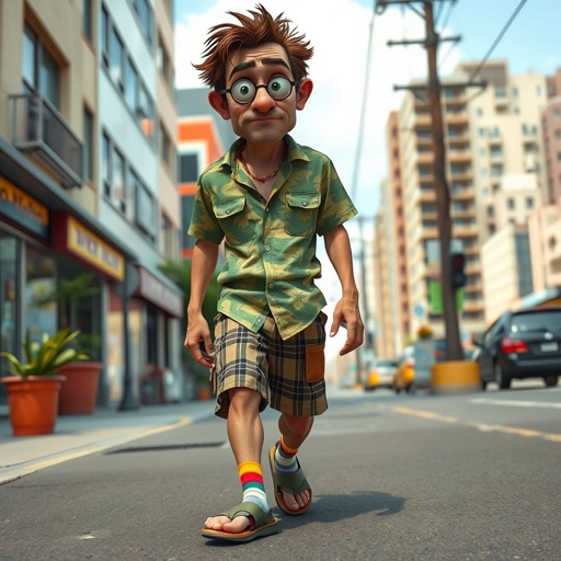 Create a funny looking paranoid man in the world, with a not so stylish outfit head to toe