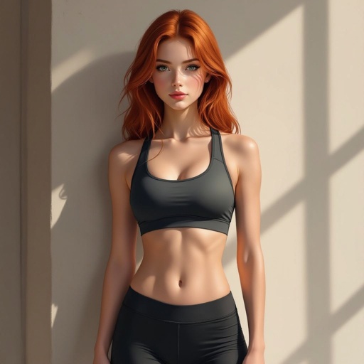A skinny redhead girl in a sports bra 