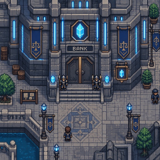 Bank for a futuristic fantasy city game, exterior, top down style