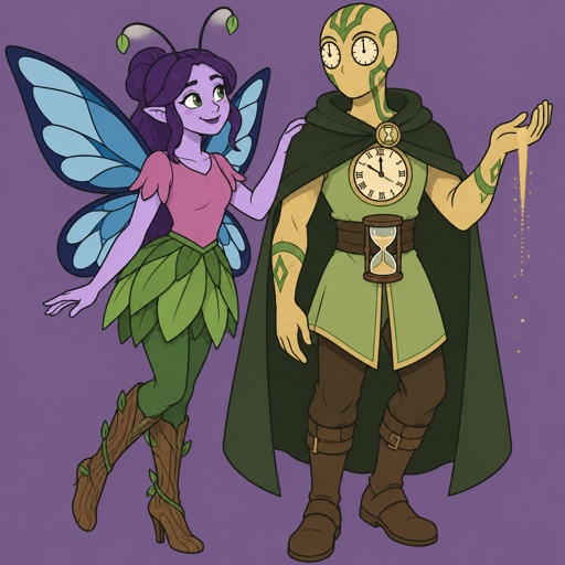 Lady of nature She has light purple skin and neat long dark purple hair, beautiful deep green eyes, long eyelashes, antennae, light blue wings with deep blue in the middle,wears a beautiful pink shirt and a skirt that looks like a leaf and green leggings, tree wood boots and a beautiful smile, man of time, body shape hourglass, dark green hair right side swooped down and longer, Sand colored skin,no nose or mouth,has a thick medium color green lining around his face and one big hourglass lining inside face connected to the outside lining, pointy ears, eyes green and the pupils look like clock in his waist hands, has small hourglass and sand, his chest has a big clock on it,wearing a light green tunic, dark green no sleeve cloak brown pants and boots sand coming from feet,interacting with each other 