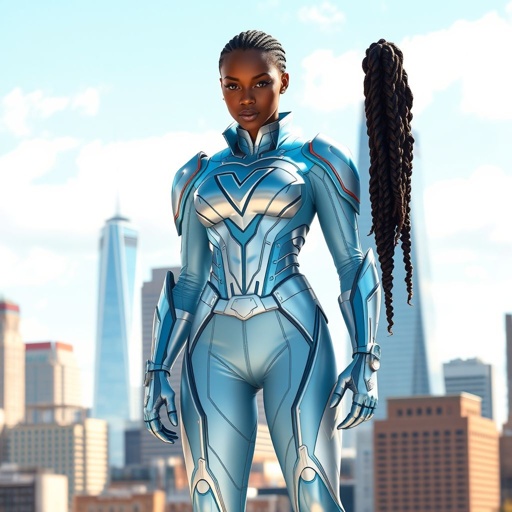 African American female superhero with a braid ponytail wearing a leather slightly armored light blue and silver suit with light blue pants and silver boots and a V as her chest emblem standing in Philadelphia during the day