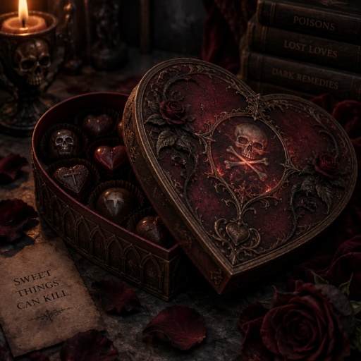 Heart shape valentines candy box with poison symbol hidden on it 
