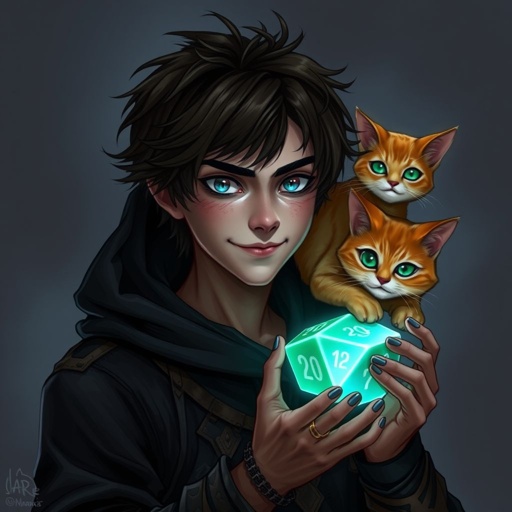 A guy with dark brown hair who holds epic looking dice with 20 sides in one hand, he wears a black hoodie and he has a one orange cat at his shoulder, and is smiling