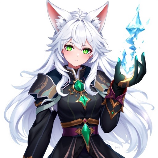 (Genshin Impact based) A pale teenage girl with a Cryo Vision wearing a royal black top and trousers with hair and small fox ears as white as snow with emerald eyes and conducting ice. She also has an ancient magical right arm