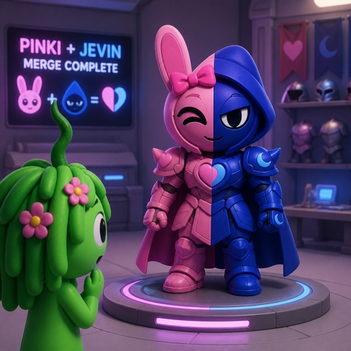Vineria from Sprunki watching Pinki from Sprunki as Elita One merged with Jevin from Sprunki upgrading the twos shared armour to be more powerful and more durable 
