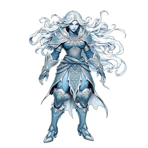 Create a battle woman hero called Alvara the Frostheart. Show full body head to toe including shoes