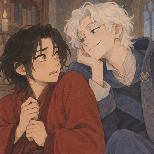 Male, Asian, neck length black hair, yellow eyes, eyeliner, wears red casual clothes, scared, small mouth, male, fluffy white hair, big blue eyes, long smile, snobby, wears blue, the Asian guys name is Po, the white haired males name is Klouse
