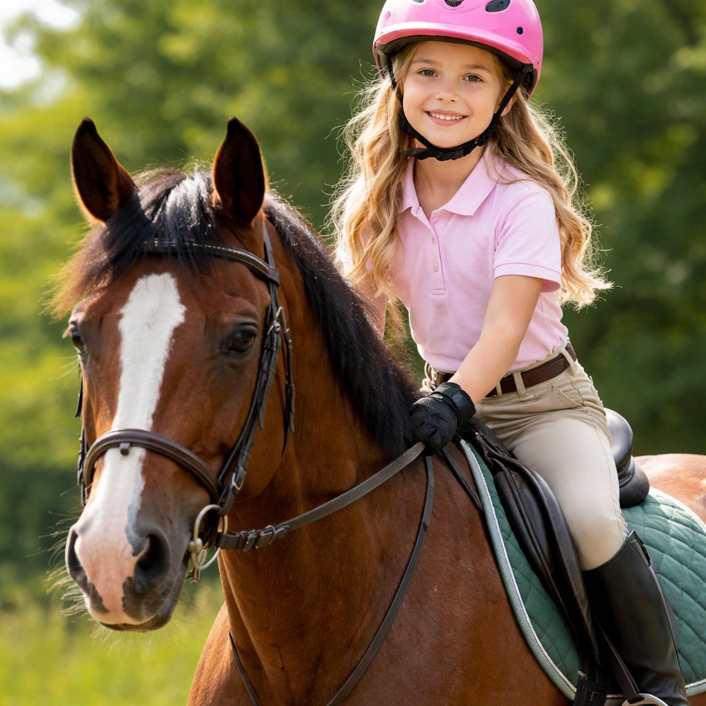 Blonde girl with brown eyes riding a horse