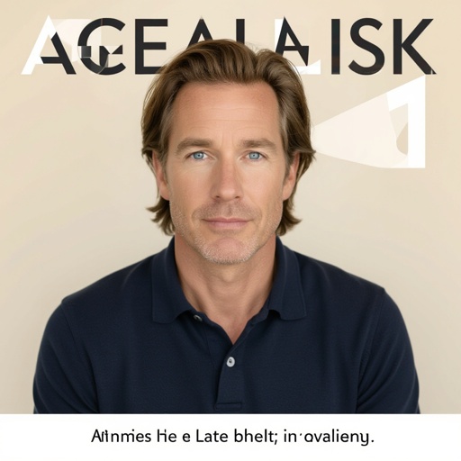 A human man in his late thirties who has blue eyes and has medium long hair 