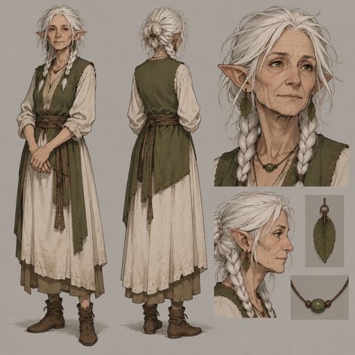 Female, wrinkled, slim, two braids, messy white hair, skinny, leaf earrings, dress, green vest, brown rope around waist, slightly pointy ears, one bead necklace, concept, poses