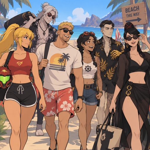 Samus Aran casual clothes, Accurate Kado Thorne from Fortnite pale skin and white hair, Jones from Fortnite stubble sunglasses casual clothes, Jules from Fortnite casual clothes, Midas from Fortnite casual clothes, Bayonetta from super smash bros casual clothes, all going to the beach 