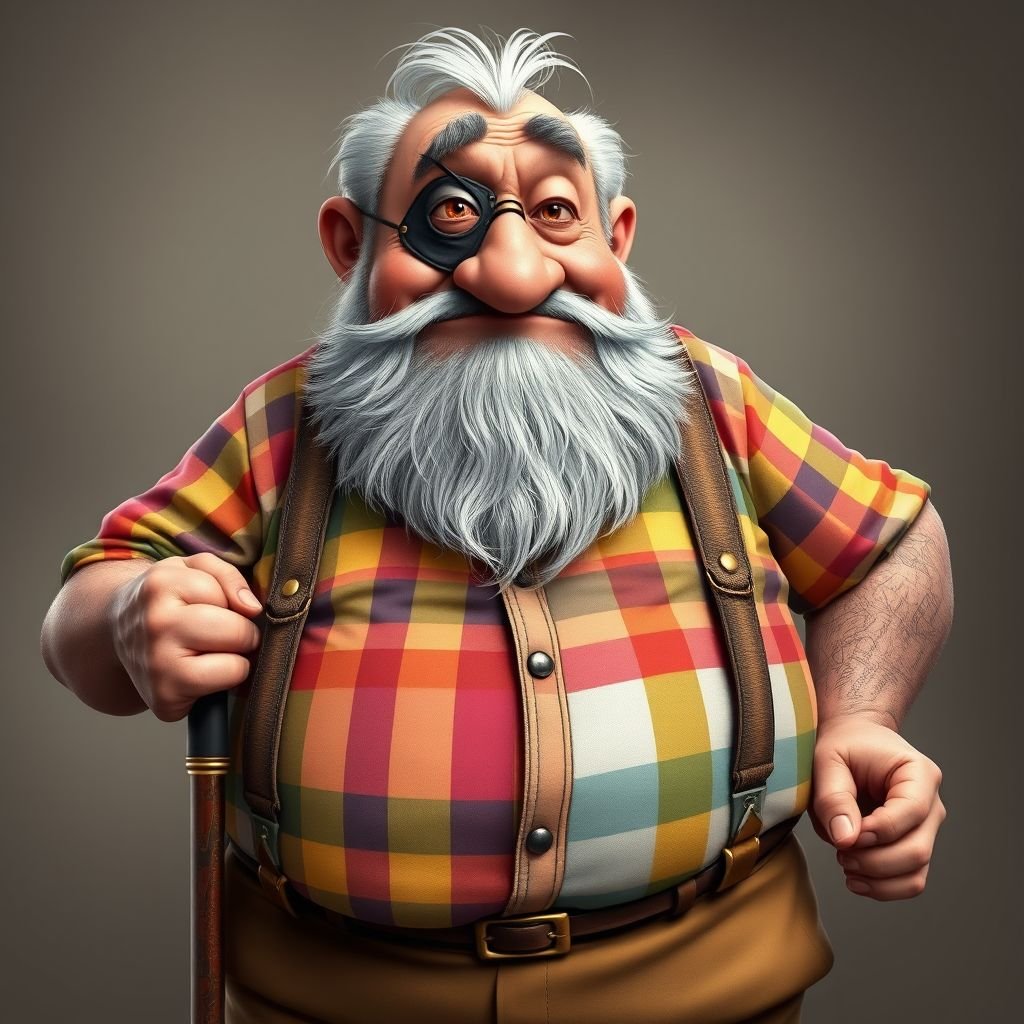 Create a grouchy funny old character who has 1 eye patched. Make him fat with a cane. Show his whole character head to toe in image 