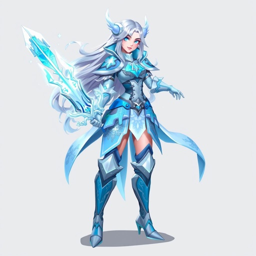 Create a battle woman hero called Alvara the Frostheart. Show full body head to toe including shoes