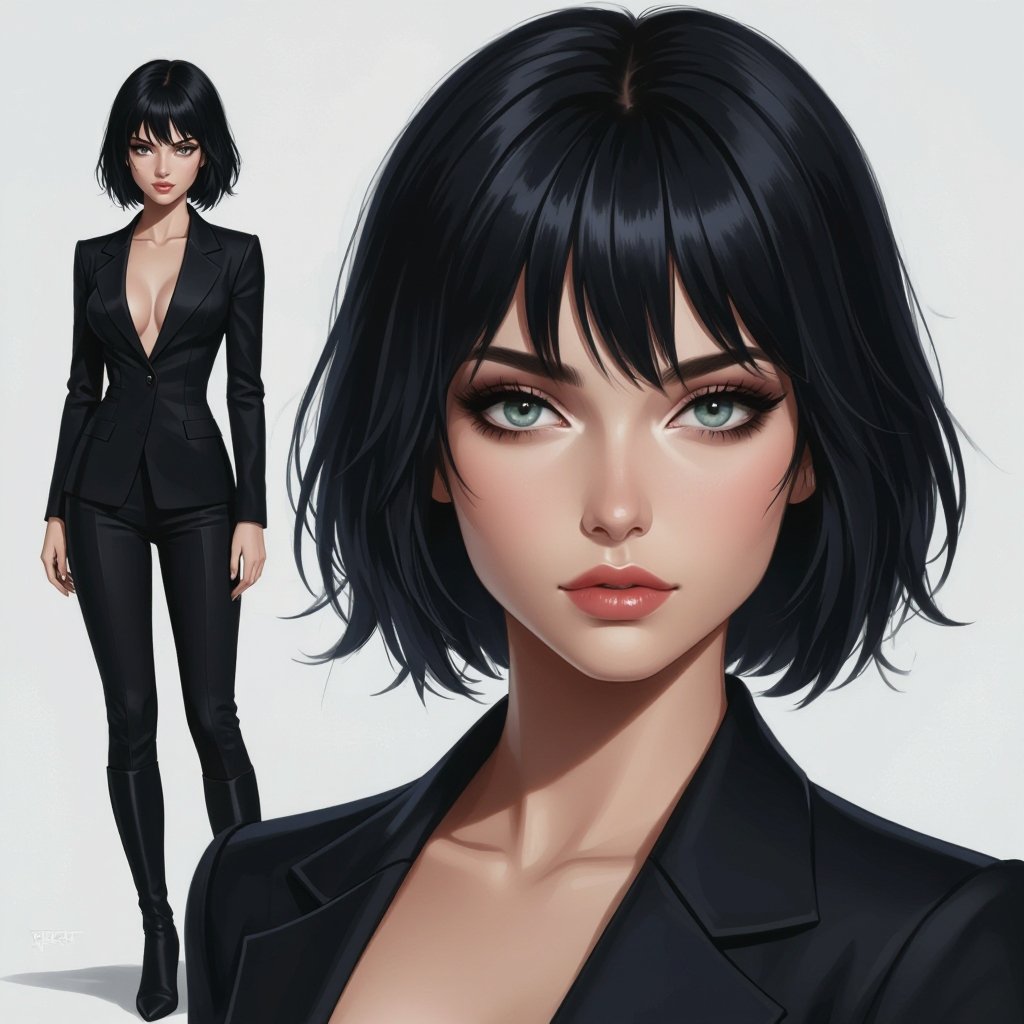 Show character head to toe. Create hero woman jet-black hair is cut sharpand her eyes seem to pierce through darkness. A shadowy aura clings to her form,