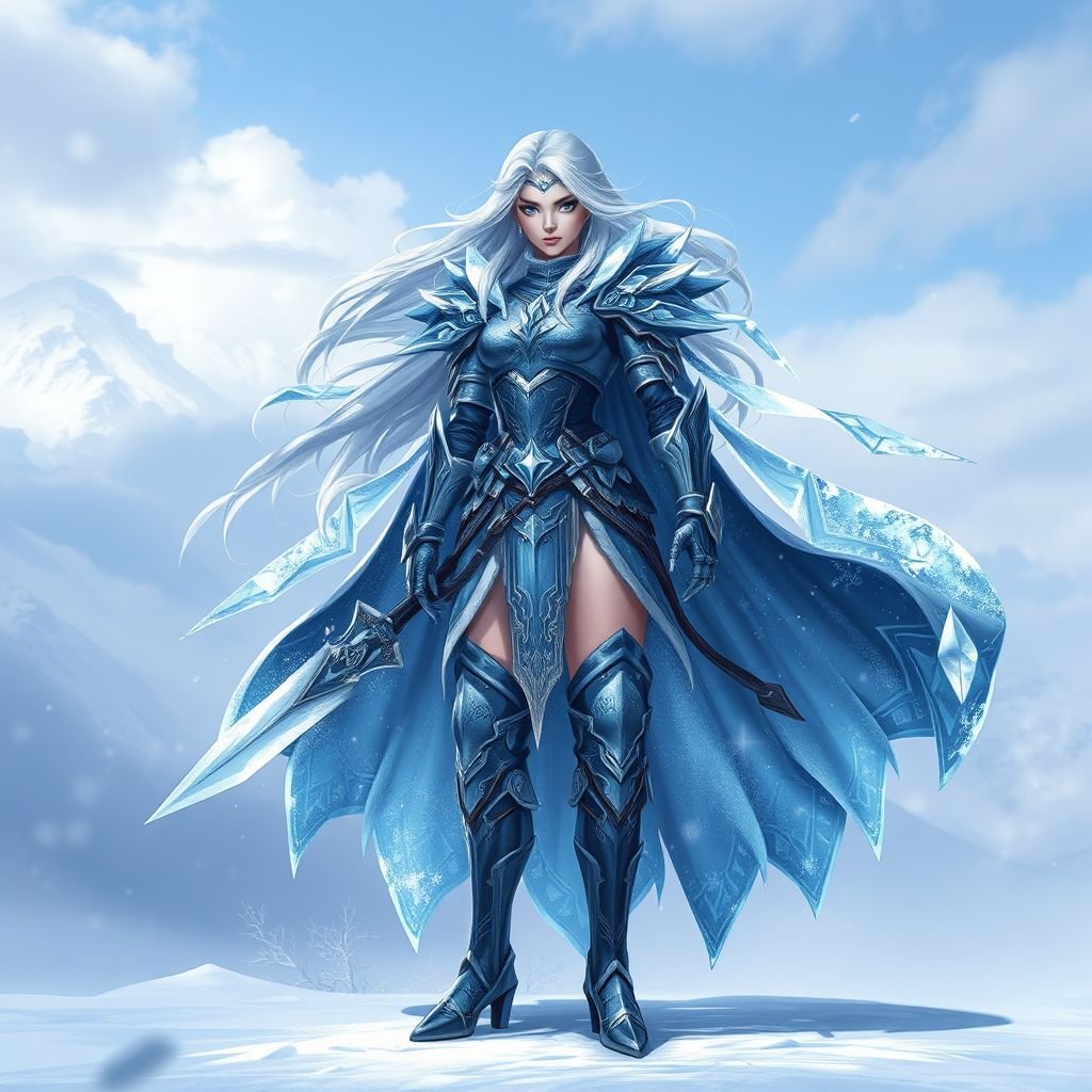 Create a battle woman hero called Alvara the Frostheart. Show full body head to toe including shoes