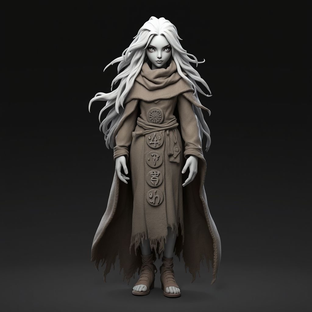 Create old character: The Silver-Eyed Wanderer – A tall, androgynous figure with hair that white. piercing silver eyes seem to see both past and present at once. a long, tattered cloak covered in stitched symbols from lands unknown. Show her whole body head to toe including her shoes.
