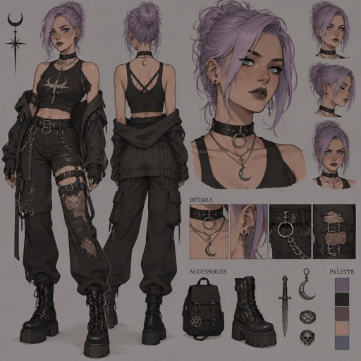 Female,medium hight ,pale,tan,blue eyes,light purple hair hair in a messy bun her front hair is swooped down in her right side,goth look