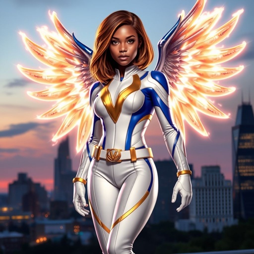 A teenage African American female superhero with brown hair with gold highlights in a shoulder length side part hairstyle with pure Gold Glowing eyes wearing a white suit with gold and royal blue with white pants and gold and white knee length boots with a utility belt with a gold V as her chest emblem with glowing wings made of white fire in Philadelphia