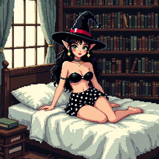 Dark Brunette Elf Witch Librariani with With Hat.  Strapless Bathing Suit Top and Black and white Polka Dot Mini Pencil Skirt laying on Library Bed