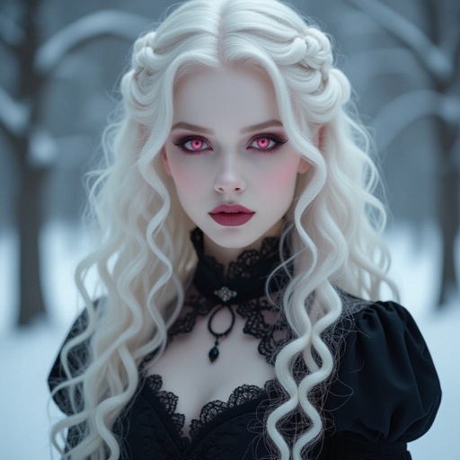 Female albino vampire with pinkish red eyes and long floor length curly white hair wearing a gothic dress in a snow covered dark forest