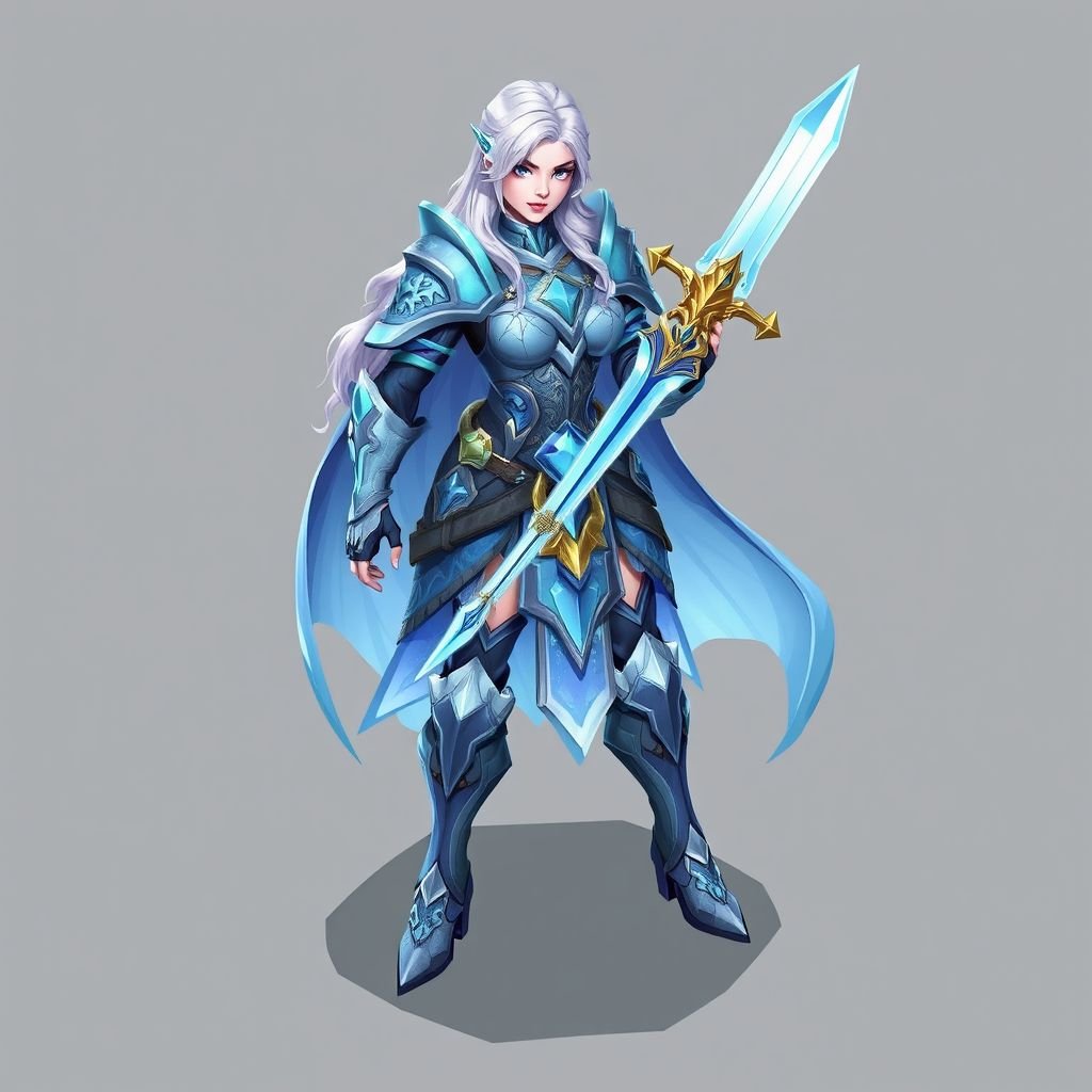 Create a battle woman hero called Alvara the Frostheart. Show full body head to toe including shoes