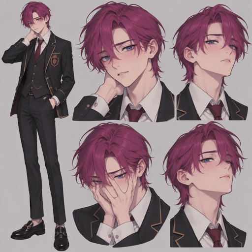 Male name Andrew, rich boy, isolated till he was 16, has neat neck long swooped on left side fuchsia purple hair, deep beautiful Azure eyes,gives sassy look at people, shy, quiet, easily overwhelmed, only friend is his next door neighbors son whose name is jack the lead star of baseball team and jack has a girlfriend named rose