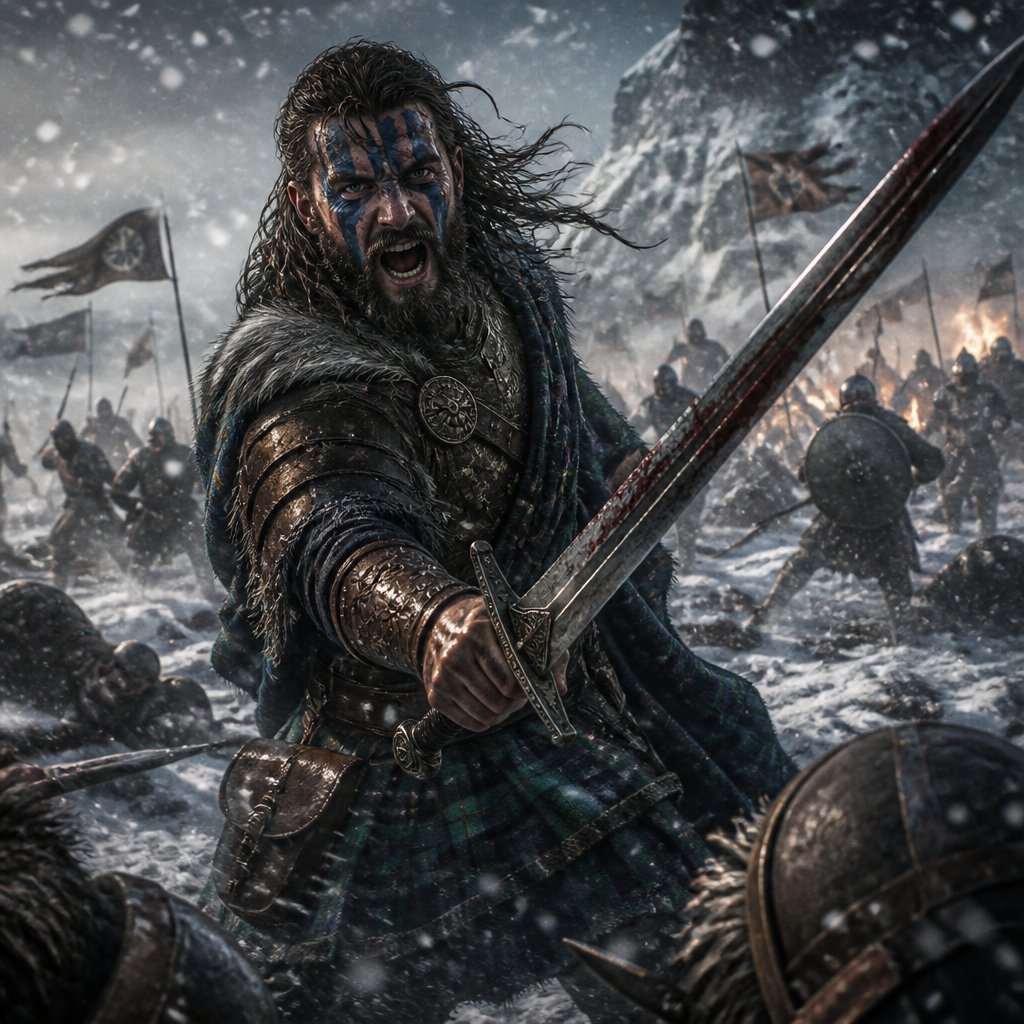 William Wallace type Irish warrior Highland Peppermint in a battle field in a snow storm with a battle going on all around him and he is fighting as well